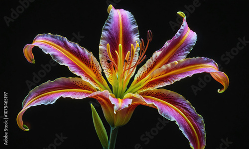 A vibrant pink and yellow lily blooms against a black background