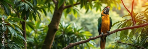Green macaw with vibrant feathers perched gracefully on a large tree branch in the jungle, nature, perched