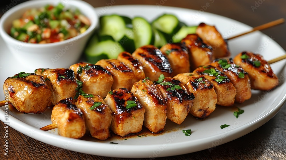 Grilled Chicken Skewers with Cucumber Slices and Parsley Garnish Grilled Chicken Skewers with Cucumber Slices and Parsley Garnish