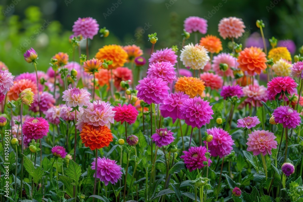A lush garden filled with blooming dahlias in various shades of pink, orange, and purple, creating a colorful and lively landscape.
A lush garden filled with blooming dahlias in various shades of pink, orange, and purple, creating a colorful and lively landscape.