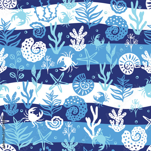 Seamless pattern with crab, starfish, shell, coral and bubble.