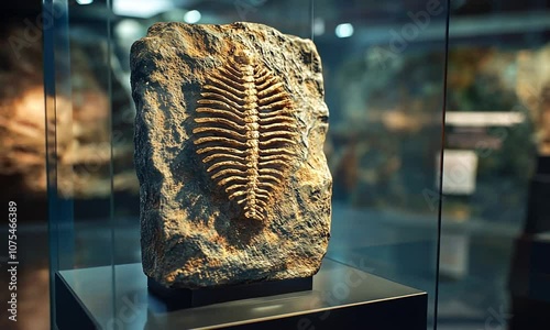 A fossilized trilobite displayed in a museum setting.