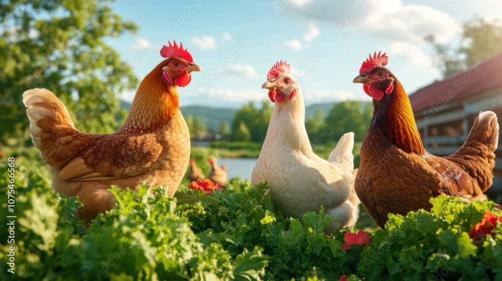 Fototapeta premium Three chickensвЂ”two brown and one whiteвЂ”are exploring vibrant greens on a farm. The clear blue sky and sunlight create a serene atmosphere, highlighting rural life