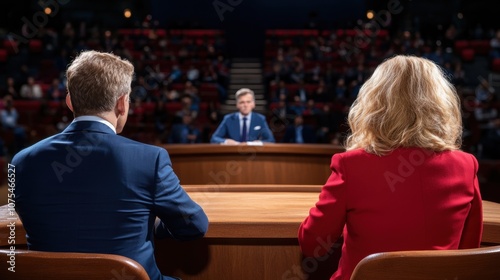 Three speakers engage in a formal debate in a packed auditorium. They take turns addressing an attentive audience, with focused expressions emphasizing their points during the discussion