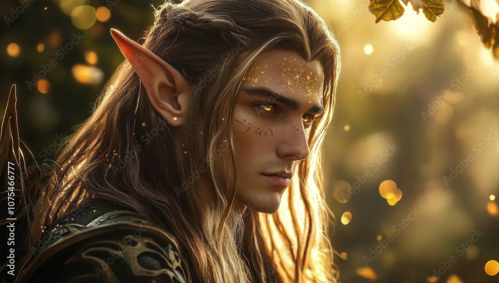 beautiful young forest elf with pointed ears, long hair, and a bow and ...