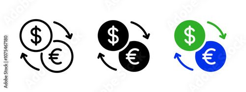 Currency exchange rate icon. Dollar for Euro exchange symbol. Money conversion vector illustration. Forex trading sign. Finance currency transaction. Cash transfer pictogram. Dollar Euro trade concept