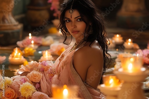 Indian Woman in Pink Sari with Candles and Jewelry photo