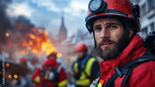 A firefighter stands confidently amidst an intense urban fire, responding to the emergency as flames engulf a nearby building. Teams coordinate their efforts to bring the situation under control photo