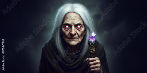 Blind Spooky Old Witch Lady holding a Staff with Purple Crytsal, Creepy Spider Webs, Halloween Decoration photo