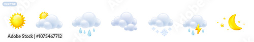 Vector forecast weather illustration of icon set with summer sun, cloud, crescent moon, rain drop, winter snow, cold rainy thunder. 3d cartoon style design of sun, half moon, rain, thunder, snow cloud