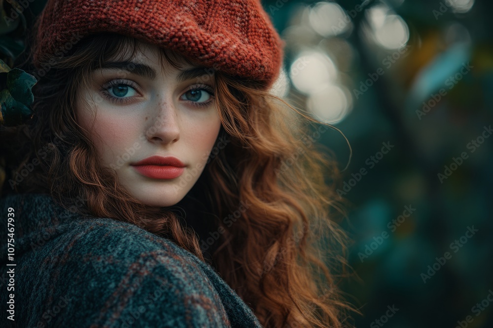 A captivating portrait of a young woman in nature. She wears a stylish red hat and has flowing curly hair. Her gaze is both soft and engaging. Generative AI A captivating portrait of a young woman in nature. She wears a stylish red hat and has flowing curly hair. Her gaze is both soft and engaging. Generative AI