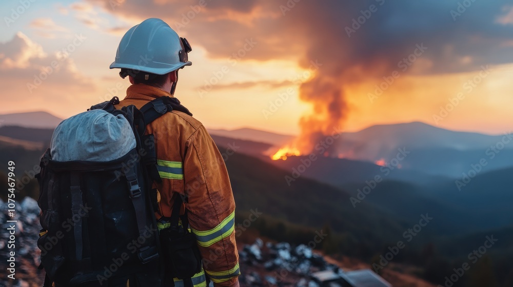 A firefighter stands on a hillside observing a fierce wildfire consuming the forest as the sun sets, casting vibrant colors and smoke into the sky, highlighting the urgency of the situation A firefighter stands on a hillside observing a fierce wildfire consuming the forest as the sun sets, casting vibrant colors and smoke into the sky, highlighting the urgency of the situation
