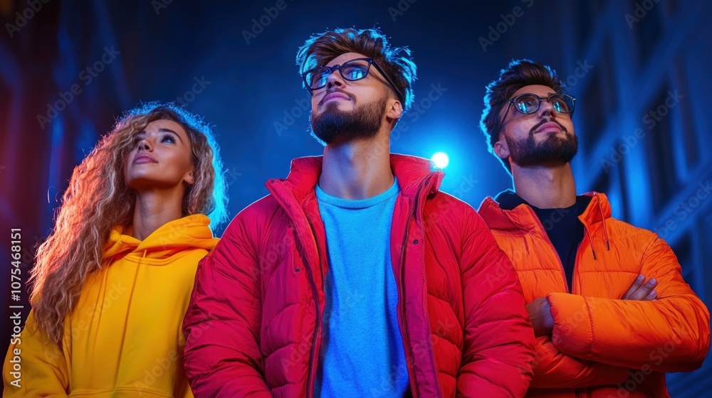 Three friends stand together in an urban environment at night, wearing bright, colorful jackets. They gaze upward, illuminated by striking blue and purple lights that enhance the atmosphere Three friends stand together in an urban environment at night, wearing bright, colorful jackets. They gaze upward, illuminated by striking blue and purple lights that enhance the atmosphere