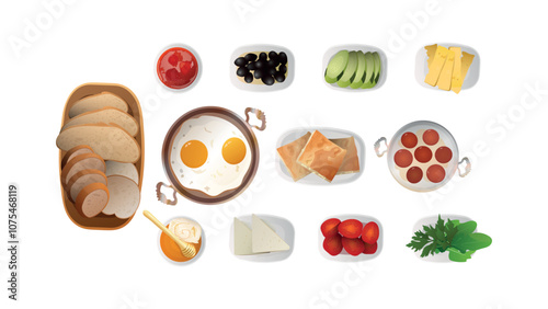 Turkish breakfast top view. fried egg in copper pan, Turkish fried sausage (sucuk) in a pan,breads, borek, strawberry jam, honey and clotted cream(kaymak) olives, cheese, vegetables. 