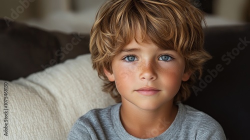 portrait of handsome smiling caucasian boy 10 years old at home