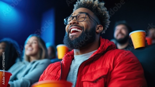 audience member wearing glasses and a red jacket erupts with laughter while enjoying a comedy film in a vibrant theater filled with animated viewers and snacks