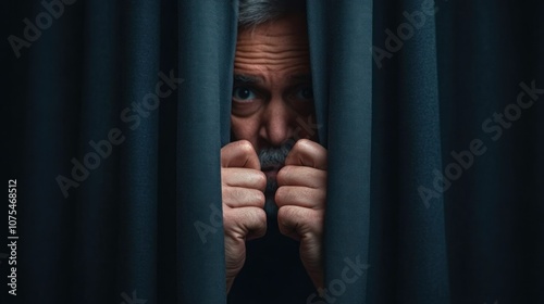 man stands behind heavy curtains in a dim setting, peering out with an expression of curiosity mixed with apprehension, suggesting he might be waiting for something unexpected to happen photo