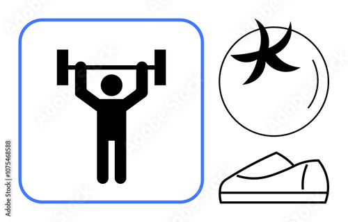 Person lifting barbell weights inside blue-bordered square, an exercise ball, and sneakers. Ideal for fitness apps, workout plans, gym posters, sports gear, health guides, training manuals, wellness