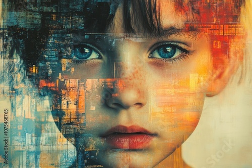 abstract collage of caucasian little boy 10 years old, inner life, inward