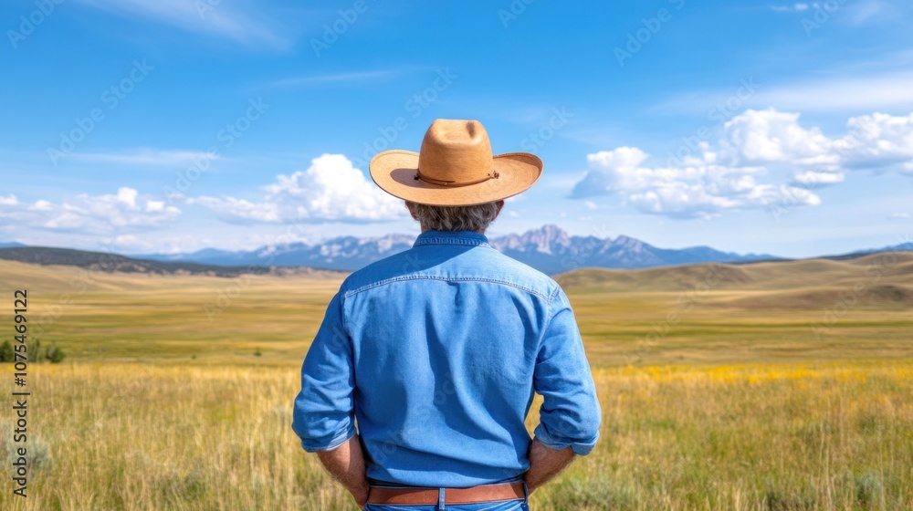 cowboy wearing a denim shirt and a wide-brimmed hat admires the expansive landscape of golden grass and distant mountains, enjoying the beauty of nature on a clear day cowboy wearing a denim shirt and a wide-brimmed hat admires the expansive landscape of golden grass and distant mountains, enjoying the beauty of nature on a clear day