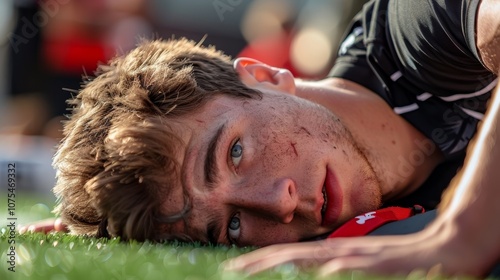 Exhausted rugby player lying on grass after tough game, showing determination and passion despite injuries and stains