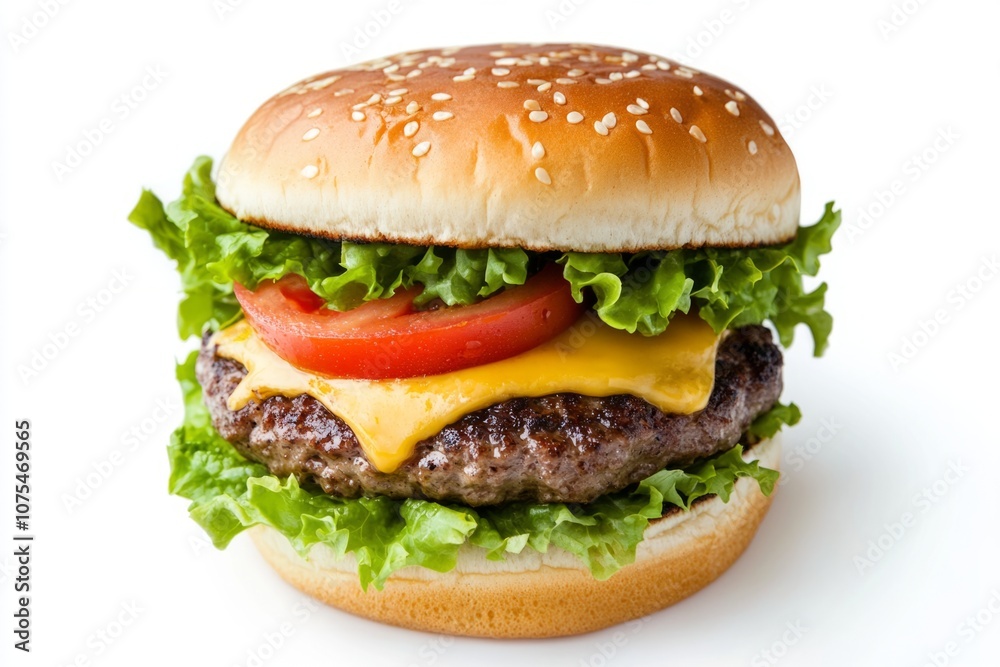 Delicious cheeseburger topped with fresh lettuce and tomatoes. A perfect meal for any fast food lover. Satisfy your cravings today. Generative AI Delicious cheeseburger topped with fresh lettuce and tomatoes. A perfect meal for any fast food lover. Satisfy your cravings today. Generative AI