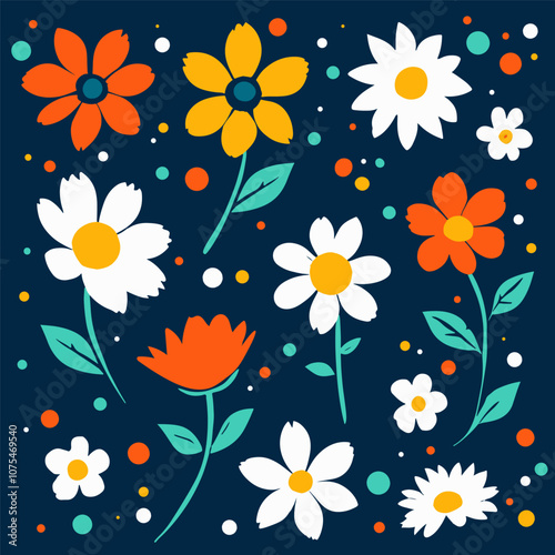 Set of vibrant flowers in varied shapes bring a cheerful design to a dark background. 