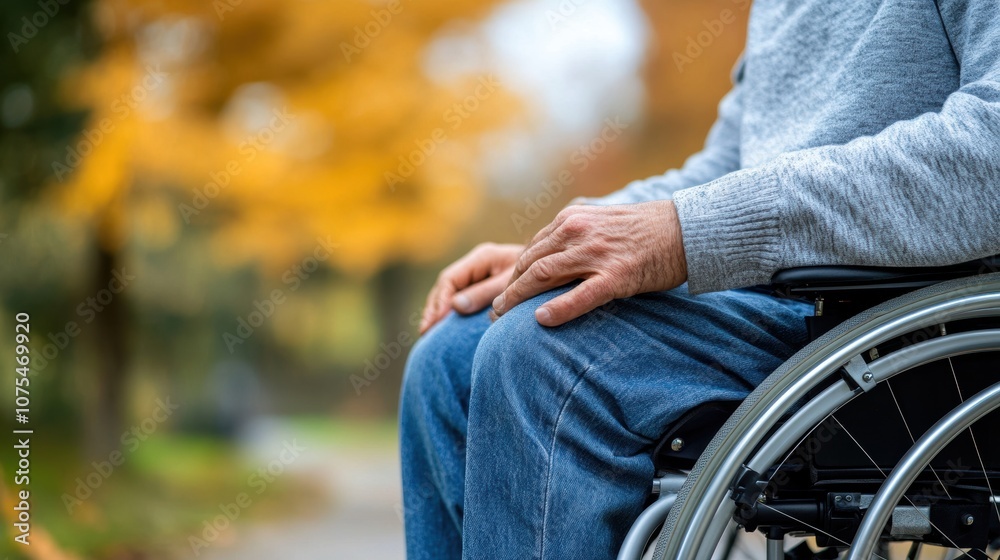 Fototapeta premium Wheels gently move along a park pathway as a person in a wheelchair pauses to appreciate the vibrant autumn leaves surrounding them, reflecting a moment of tranquility