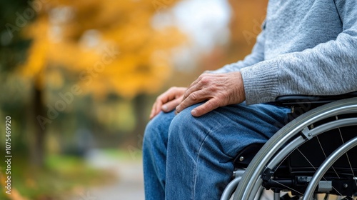 Wheels gently move along a park pathway as a person in a wheelchair pauses to appreciate the vibrant autumn leaves surrounding them, reflecting a moment of tranquility