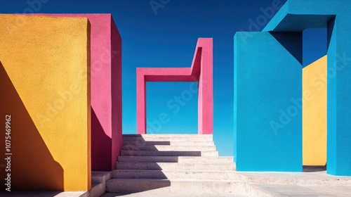 Brightly colored geometric structures in shades of pink, blue, yellow, and orange are arranged with a stairway leading to a captivating outdoor setting beneath a clear blue sky