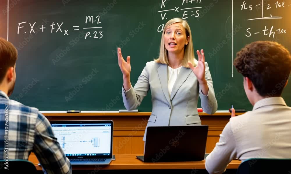 Female professor at college talking and explaining material to students in classroom. Portrait of senior professor explaining math formulas written on chalkboard