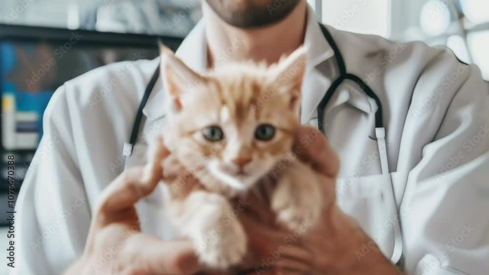 Veterinarian is holding a small ginger kitten during a medical examination in a veterinary clinic, ensuring the well being of the adorable feline patient Veterinarian is holding a small ginger kitten during a medical examination in a veterinary clinic, ensuring the well being of the adorable feline patient