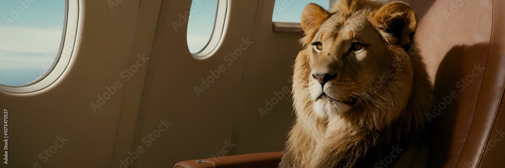 Naklejka premium Majestic Lion Relaxing in First-Class Airplane Seat with Luxurious Design. Surreal Lion in First-Class Cabin: Elegance and Majesty Combined