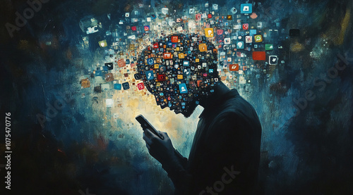 A person is looking at their phone with a multitude of social media icons swirling around their head, depicting the overwhelming nature of social media today