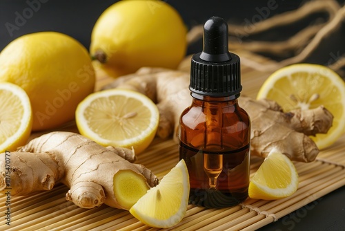 A glass dropper bottle of ginger oil is surrounded by fresh ginger roots and lemon halves on a bamboo mat, suggesting natural health and wellness. photo