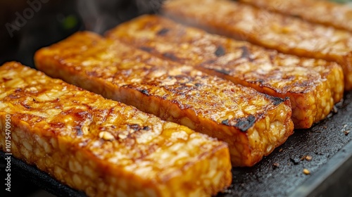 Close-up of Four Golden Brown Grilled Tempeh Pieces on a Black Surface
