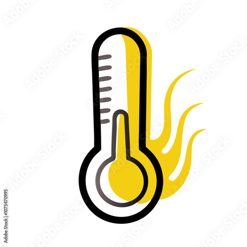 A stylized thermometer is depicted, with yellow flames signifying a high temperature