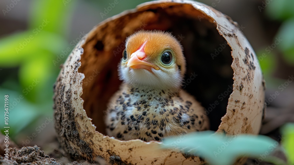 Obraz premium A Newly Hatched Birdling Peeking Out of Its Cracked Eggshell