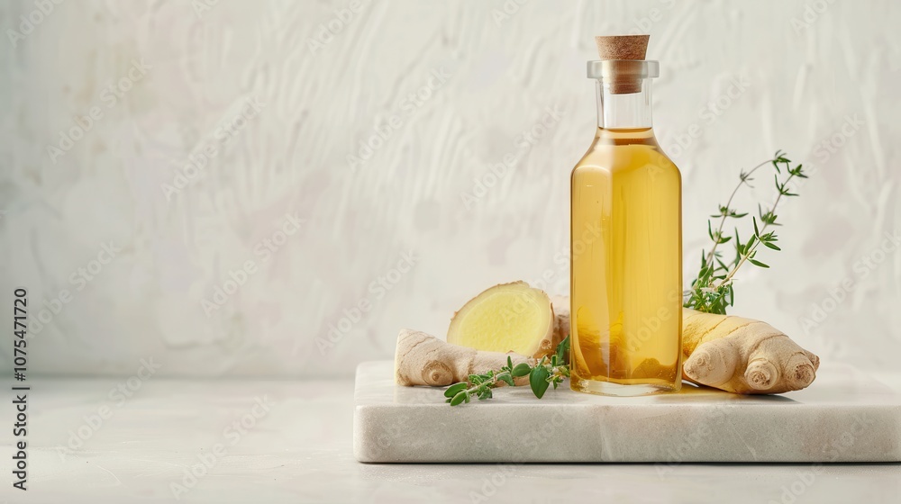A golden oil bottle sits on a stone surface alongside fresh ginger and herbs, creating a natural, rustic kitchen aesthetic. A golden oil bottle sits on a stone surface alongside fresh ginger and herbs, creating a natural, rustic kitchen aesthetic.
