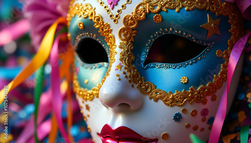 A vibrant carnival mask adorned with colorful decorations captures the festive spirit of Bloquinho de Carnaval in Brazil photo