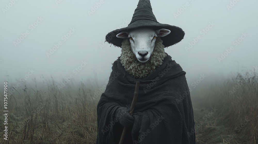 Obraz premium Sheep in a Black Robe and Witch Hat Standing in a Foggy Field