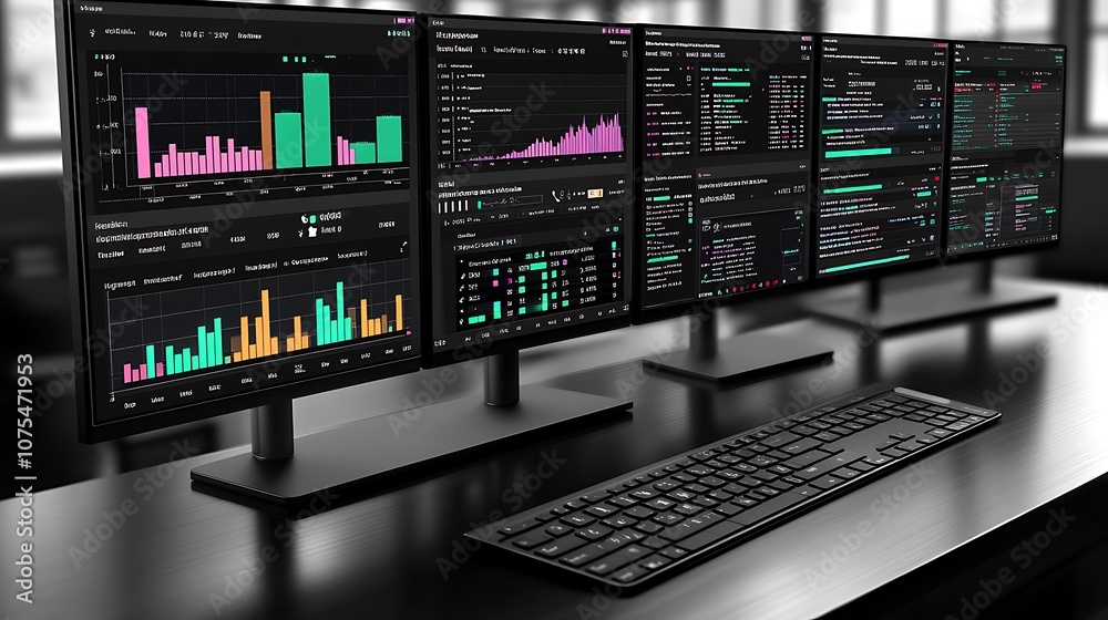 Five computer monitors displaying data and charts on a desk with a black keyboard in an office setting. Five computer monitors displaying data and charts on a desk with a black keyboard in an office setting.