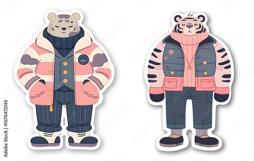 Illustration of a sticker set of animals in winter clothes Illustration of a sticker set of animals in winter clothes