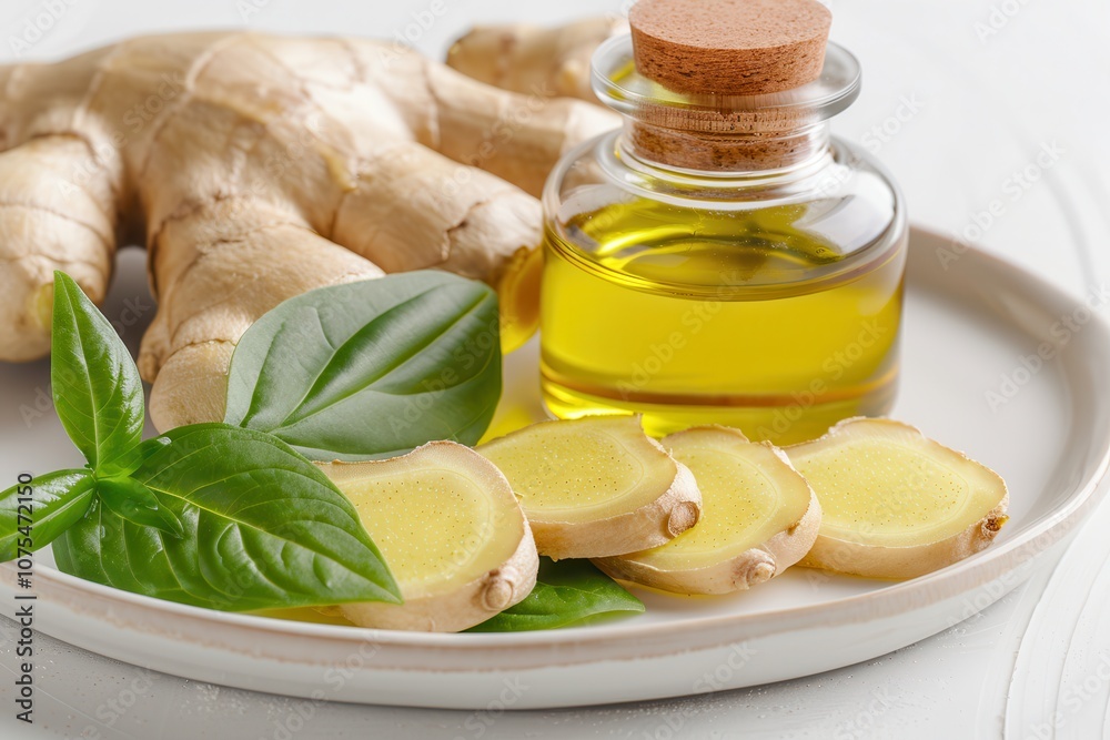 Fresh ginger root slices, aromatic basil leaves, and a bottle of golden ginger oil arranged on a plate, showcasing natural ingredients for culinary or wellness uses. Fresh ginger root slices, aromatic basil leaves, and a bottle of golden ginger oil arranged on a plate, showcasing natural ingredients for culinary or wellness uses.