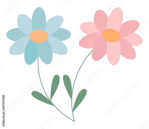 Vector of two simple cartoon flowers with colorful petals.