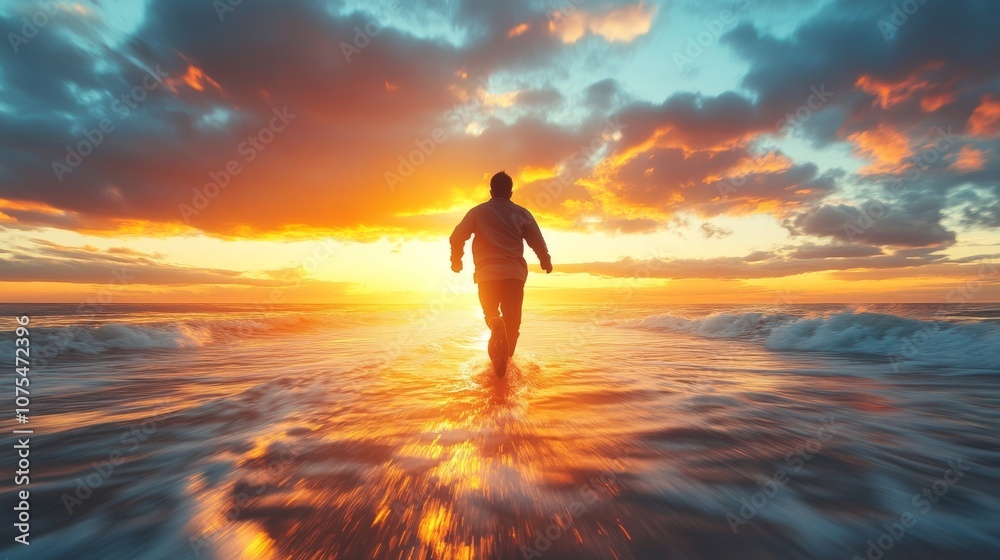 Silhouette of a Man Walking Towards the Setting Sun on the Ocean Silhouette of a Man Walking Towards the Setting Sun on the Ocean