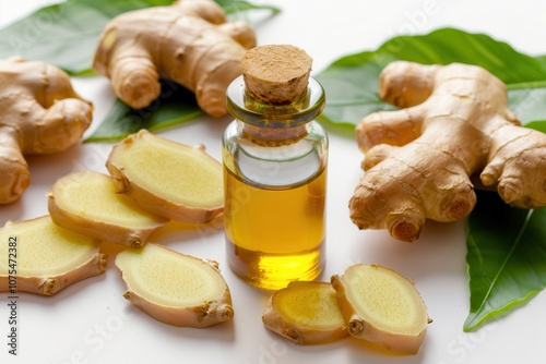 Fresh ginger root, slices, and a small glass bottle of ginger oil are arranged with green leaves, showcasing a natural and healthy theme. photo