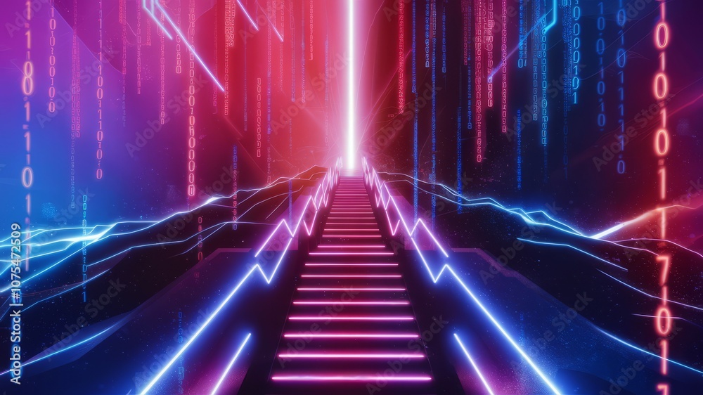 custom made wallpaper toronto digitalNeon Digital Stairway: A hypnotic, neon-lit stairway ascends towards a radiant, shimmering light, symbolizing the journey of digital transformation.