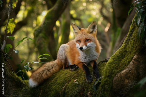 Red Fox in the Forest: A red fox with a bushy tail sits on a moss-covered branch in a lush forest, its gaze fixed on the viewer. A sense of mystery and intrigue permeates the image. Generative Al