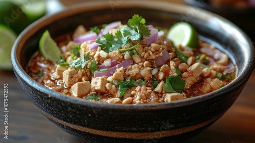 Close-up of a Bowl of Tofu Salad with Peanuts, Red Onion, and Cilantro